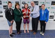 7 April 2017; Mary Dunne, Swim Ireland President, and Cllr Howard Mahony, acting deputy Mayor of Fingal County Council, with Open Women's 100m Breaststroke medallists, from left, Niamh Coyne of NCD Tallaght Swim Club, Co. Dublin, silver, Mona McSharry of Marlins Swim Club, Co. Donegal, gold, and Aisling Haughey of Aer Lingus Swim Club, Co. Dublin, bronze, during the 2017 Irish Open Swimming Championships at the National Aquatic Centre in Dublin. Photo by Sam Barnes/Sportsfile
