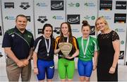 7 April 2017; Liam Harbison, Director of Sport Ireland Institute, and Sarah Keane, CEO of Swim Ireland, with Open Women's 400m Indiviudal Medley medallists, from left, Rebecca Reid of Ards Swim Club, Co. Down, silver, Shannon Russell of Lurgan Swim Club, Co. Armagh, gold, and Amelia Kane of Ards Swim Club, Co. Down, bronze,  during the 2017 Irish Open Swimming Championships at the National Aquatic Centre in Dublin. Photo by Sam Barnes/Sportsfile