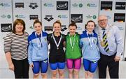 7 April 2017; Cllr Howard Mahony, acting deputy Mayor of Fingal County Council and Mary Dunne, Swim Ireland President, with Open Women's 50m Butterfly medallists, from left, Shauna O'Brien of UCD Swim Club, Co. Dublin, silver, Lauren Mills University of Sterling, Emma Reid of Ards Swim Club, Co. Down, gold, and Jane Roberts of UCD Swim Club, Co. Dublin, bronze,  during the 2017 Irish Open Swimming Championships at the National Aquatic Centre in Dublin. Photo by Sam Barnes/Sportsfile