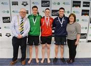 7 April 2017; Cllr Howard Mahony, acting deputy Mayor of Fingal County Council and Mary Dunne, Swim Ireland President, with Open Men's 50m Butterfly medallists, from left, Calum Bain, University of Sterling, silver, Conor Brines of Larne Swim Club, Co. Antrim, gold and Brian E O'Sullivan of NAC Swim Club, Co. Dublin, bronze, during the 2017 Irish Open Swimming Championships at the National Aquatic Centre in Dublin. Photo by Sam Barnes/Sportsfile