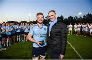 7 April 2017; UCD Rugby President Paul Keenan presents Peadar Timmins of UCD with the man of the match award following the 65th Annual Colours Match between University College Dublin and Dublin University FC at the Belfield Bowl in UCD, Co Dublin. Photo by David Fitzgerald/Sportsfile