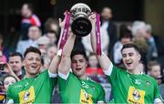 8 April 2017; Westmeath players, from left, Tommy McDaniels, John Egan and Kelvin Reilly of Westmeath celebrate with the Division 4 trophy after the Allianz Football League Division 4 Final match between Westmeath and Wexford at Croke Park in Dublin. Photo by Brendan Moran/Sportsfile