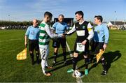 8 April 2017; Team captains Paul Murphy of Sheriff YC and John McDonagh of Killarney Celtic shake hands ahead of the FAI Junior Cup semi final match between Killarney Celtic and Sheriff YC, in association with Aviva and Umbro, at Mastergeeha FC in Killarney, Co. Kerry. Photo by Ramsey Cardy/Sportsfile