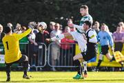 8 April 2017; Paul Murphy of Sheriff YC shoots at goal despite the attention of Roy Kelliher, left, and John McDonagh of Killarney Celtic during the FAI Junior Cup semi final match between Killarney Celtic and Sheriff YC, in association with Aviva and Umbro, at Mastergeeha FC in Killarney, Co. Kerry. Photo by Ramsey Cardy/Sportsfile