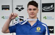 8 April 2017; Jack Warren of Bangor Swim Club, Co. Down, holds his winner's medal following the Men's 200m Backstroke Final during the 2017 Irish Open Swimming Championships at the National Aquatic Centre in Dublin. Photo by Seb Daly/Sportsfile