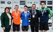 8 April 2017; Mary Dunne, Swim Ireland President, and Cllr Darragh Butler, Mayor of Fingal County Council, with the Men's 200m Backstroke medallists, from left, Sean Scannell of Kilkenny Swim Club, Co. Kilkenny, silver, Conor Ferguson of Bangor Swim Club, Co. Down, gold, and Rory McEvoy, NCL Ennis, Co. Clare, bronze, during the 2017 Irish Open Swimming Championships at the National Aquatic Centre in Dublin. Photo by Seb Daly/Sportsfile