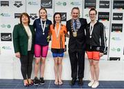 8 April 2017; Mary Dunne, Swim Ireland President, and Cllr Darragh Butler, Mayor of Fingal County Council, with the Women's 200m Backstroke medallists, from left, Ellen Cassidy, Dolphin Swim Club, Co. Cork, silver, Maria Godden of Kilkenny Swim Club, Co. Kilkenny, gold, and Ally Cunningham, Sundays Well Swim Club, Co. Cork, bronze, during the 2017 Irish Open Swimming Championships at the National Aquatic Centre in Dublin. Photo by Seb Daly/Sportsfile