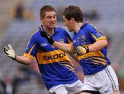18 September 2011; Liam McGrath, right, celebrates with his Tipperary team-mate Bill Maher after scoring his side's first goal. GAA Football All-Ireland Minor Championship Final, Tipperary v Dublin, Croke Park, Dublin. Picture credit: Stephen McCarthy / SPORTSFILE