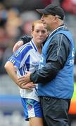 25 September 2011; Monaghan's Grainne McNally is consoled by manager Gregory McGonigle. TG4 All-Ireland Ladies Senior Football Championship Final, Cork v Monaghan, Croke Park, Dublin. Picture credit: Brian Lawless / SPORTSFILE