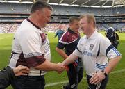 25 September 2011; Westmeath manager Peter Leahy shakes hands with Cavan manager Adrian McGovern, right, after the game. TG4 All-Ireland Ladies Intermediate Football Championship Final, Cavan v Westmeath, Croke Park, Dublin. Photo by Sportsfile