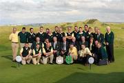 16 September 2011: Woodstock Golf Club players, caddies and supporters, winners of the Pierce Purcell Shield at the Chartis All-Ireland Cups and Shields 2011 at Castlerock Golf Club, back row, left to right, Brian Mulcahy, James McMahon, Shane Fitzgerald, Ollie McNamara, Mike Kelly, Michael O’Brien, Robert Dormer, Liam McInerney, Martin Dormer, Michael Talty, Frank Doherty, Tom Hehir, Declan Coote, Tom Dormer. Ffront row, left to right, Rory Callinan, Jimmie Kelly, club president, Eugene Quinn, club captain, Eoin O’Laughlin, team captain, Eugene Fayne, president, Golfing Union of Ireland, Simon Russell, Chartis Insurance Ireland, Vincent McGuigan, captain, Castlerock Golf Club, Joan Barrett, lady captain, Jason Considine. Chartis Cups and Shields Finals 2011, Castlerock Golf Club, Co. Derry. Picture credit: Oliver McVeigh/ SPORTSFILE