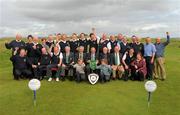 17 September 2011: Claremorris Golf Club players, caddies and friends, winners of the Jimmy Bruen Shield 2011 at the Chartis All-Ireland Cups and Shields 2011, at Castlerock Golf Club. Back row, left to right, David Burke, Anthony Hennelly, Dick Horan, Shane McGagh, Stephen Burke, Damien Burke, Michael Conway, Eddie Killeen, Tom Fanning, Keith Harte. Front row, left to right, Martin Higgins, Ger Noone, team captain, Eugene Fayne, President Golfing Union of Ireland, Simon Russell, Chartis Insurance Ireland, James Prendergast, club captain, Vincent McGuigan, captain, Castlerock Golf Club, Michael Connaughton, Chairman Connacht Branch Golfing Union of Ireland and Niall Crosby. Chartis Cups and Shields Finals 2011, Castlerock Golf Club, Co. Derry. Picture credit: Oliver McVeigh / SPORTSFILE