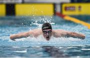 8 April 2017; Conor Brines of Larne Swim Club, Co. Antrim, competing in the Men's 100m Butterfly Final during the 2017 Irish Open Swimming Championships at the National Aquatic Centre in Dublin. Photo by Seb Daly/Sportsfile