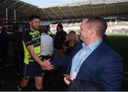 8 April 2017; Ross Byrne of Leinster with Leinster head of communications Marcus Ó Buachalla following the Guinness PRO12 Round 19 match between Ospreys and Leinster at the Liberty Stadium in Swansea, Wales. Photo by Stephen McCarthy/Sportsfile