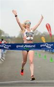 9 April 2017; Gemma Steel of England celebrates as she crosses the line to win the Elite Women's Great Ireland Run at Phoenix Park, in Dublin. Photo by Seb Daly/Sportsfile