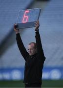 8 April 2017; The 'Sideline Official' displaying a board to indicate the injury time it be played during the Allianz Football League Division 3 Final match between Louth and Tipperary at Croke Park in Dublin. Photo by Ray McManus/Sportsfile