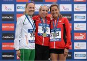 9 April 2017; Elite Women's finishers, from left, third place Kerry O'Flaherty of Ireland, first place Gemma Steel of England, and Jenny Spink of England, following the Great Ireland Run at Phoenix Park, in Dublin. Photo by Seb Daly/Sportsfile