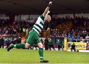 9 April 2017; Neil Andrews of Evergreen FC celebrates after scoring his side's winning penallty during the penalty shoot out during the FAI Junior Cup Semi Final match in association with Aviva and Umbro between Boyle Celtic and Evergreen FC at The Showgrounds, in Sligo. Photo by David Maher/Sportsfile