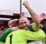 9 April 2017; Neil Andrews, right, of Evergreen FC celebrates with goalkeeper and manager Patrick Holden at the end of the FAI Junior Cup Semi Final match in association with Aviva and Umbro between Boyle Celtic and Evergreen FC at The Showgrounds, in Sligo. Photo by David Maher/Sportsfile