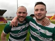 9 April 2017; Neil Andrews, left, and Michael Drennan of Evergreen FC celebrate at the end of the FAI Junior Cup Semi Final match in association with Aviva and Umbro between Boyle Celtic and Evergreen FC at The Showgrounds, in Sligo. Photo by David Maher/Sportsfile