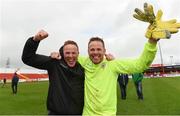 9 April 2017; Evergreen FC player manager Parick Holden, right, with his brother and assistant manager Brian Holden celebrate at the end of  the FAI Junior Cup Semi Final match in association with Aviva and Umbro between Boyle Celtic and Evergreen FC at The Showgrounds, in Sligo. Photo by David Maher/Sportsfile