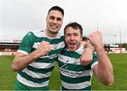 9 April 2017; Daragh Walshe, left, and Brian Jordan of Evergreen FC celebrate at the end of the FAI Junior Cup Semi Final match in association with Aviva and Umbro between Boyle Celtic and Evergreen FC at The Showgrounds, in Sligo. Photo by David Maher/Sportsfile