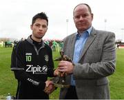 9 April 2017; Danny Browne of Boyle Celtic is presented with the Man of the Match award from Dave Fleming of Aviva at the end of the FAI Junior Cup Semi Final match in association with Aviva and Umbro between Boyle Celtic and Evergreen FC at The Showgrounds, in Sligo. Photo by David Maher/Sportsfile