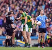9 April 2017; Anthony Maher of Kerry receives a black card from referee Paddy Neilan as Dublin's Dean Rock prepare to take a free during the Allianz Football League Division 1 Final match between Dublin and Kerry at Croke Park in Dublin. Photo by Stephen McCarthy/Sportsfile