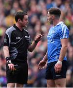 9 April 2017; Referee Paddy Neilan in conversation with Philly McMahon of Dublin during the Allianz Football League Division 1 Final between Dublin and Kerry at Croke Park in Dublin. Photo by Ramsey Cardy/Sportsfile