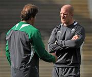 27 September 2011; Ireland lock Paul O'Connell discussing tactics with forwards coach Gert Smal during lineout practice at squad training ahead of their 2011 Rugby World Cup, Pool C, game against Italy on Sunday. Ireland Rugby Squad Training, Carisbrook Stadium, Dunedin, New Zealand. Picture credit: Brendan Moran / SPORTSFILE