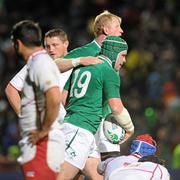25 September 2011; Shane Jennings, 19, Ireland, is congratulated by team-mate Leo Cullen on scoring his side's 8th try against Russia. 2011 Rugby World Cup, Pool C, Ireland v Russia, Rotorua International Stadium, Rotorua, New Zealand. Picture credit: Brendan Moran / SPORTSFILE