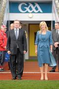 25 September 2011; An Taoiseach Enda Kenny T.D. and Helen O'Rourke, CEO of the Ladies Gaelic Football Association, before making their way to their seats. TG4 All-Ireland Ladies Senior Football Championship Final, Cork v Monaghan, Croke Park, Dublin. Photo by Sportsfile