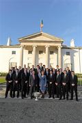 27 September 2011; The Dublin captain Bryan Cullen, manager Pat Gilroy, Chief Executive John Costello, Chairman Andy Kettle, players, and coaching staff with President Mary McAleese and her husband Senator Martin McAleese and the Sam Maguire Cup during the All-Ireland Football Champions visit to Áras an Uachtaráin, Phoenix Park, Dublin. Picture credit: Ray McManus / SPORTSFILE