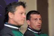 28 September 2011; Ireland flanker Denis Leamy, in the company of defence coach Les Kiss, speaking during a press conference ahead of their 2011 Rugby World Cup, Pool C, game against Italy on Sunday. Ireland Rugby Press Conference, Scenic Hotel, Dunedin, New Zealand. Picture credit: Brendan Moran / SPORTSFILE