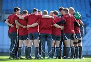 28 September 2011; The Ireland squad gather together in a huddle during squad training ahead of their 2011 Rugby World Cup, Pool C, game against Italy on Sunday. Ireland Rugby Squad Training, Carisbrook Stadium, Dunedin, New Zealand. Picture credit: Brendan Moran / SPORTSFILE