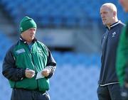 28 September 2011; Ireland head coach Declan Kidney in conversation with Paul O'Connell squad training ahead of their 2011 Rugby World Cup, Pool C, game against Italy on Sunday. Ireland Rugby Squad Training, Carisbrook Stadium, Dunedin, New Zealand. Picture credit: Brendan Moran / SPORTSFILE