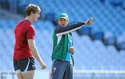 28 September 2011; Ireland defence coach Les Kiss in conversation with Andrew Trimble during squad training ahead of their 2011 Rugby World Cup, Pool C, game against Italy on Sunday. Ireland Rugby Squad Training, Carisbrook Stadium, Dunedin, New Zealand. Picture credit: Brendan Moran / SPORTSFILE