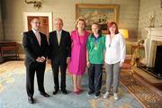 28 September 2011; Special Olympics athlete Sarah Byrne, from Palmerstown, Dublin, and family members Derek Byrne, left, and Emma Byrne, with President Mary McAleese and her husband Senator Martin McAleese at a reception for the Special Olympics World Summer Games squad in Aras an Uachtarain, Phoenix Park, Dublin. Picture credit: Ray McManus / SPORTSFILE