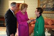 28 September 2011; Special Olympics athlete Mary Kirby, from Newcastle West, Co. Limerick, with President Mary McAleese and her husband Senator Martin McAleese at a reception for the Special Olympics World Summer Games squad in Aras an Uachtarain, Phoenix Park, Dublin. Picture credit: Ray McManus / SPORTSFILE