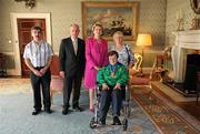 28 September 2011; Special Olympics athlete Mary Quigley, from Tullow, Co. Carlow, and family members Lillie Brown, right, and John Cummins, with President Mary McAleese and her husband Senator Martin McAleese at a reception for the Special Olympics World Summer Games squad in Aras an Uachtarain, Phoenix Park, Dublin. Picture credit: Ray McManus / SPORTSFILE