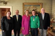 28 September 2011; Special Olympics athlete Conor MacGearailt, from Athy, Co. Kildare, and family members Brian MacGearailt, right, and Kathleen Moloney, with President Mary McAleese and her husband Senator Martin McAleese at a reception for the Special Olympics World Summer Games squad in Aras an Uachtarain, Phoenix Park, Dublin. Picture credit: Ray McManus / SPORTSFILE