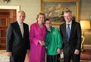28 September 2011; Special Olympics athlete Paul  Kavanagh, from Castlebar, Co. Mayo, and his dad Tom, with President Mary McAleese and her husband Senator Martin McAleese at a reception for the Special Olympics World Summer Games squad in Aras an Uachtarain, Phoenix Park, Dublin. Picture credit: Ray McManus / SPORTSFILE