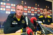 28 September 2011; Shamrock Rovers manager Michael O'Neill, left, and captain Dan Murray during a press conference ahead of their UEFA Europa League, Group A, game against Tottenham Hotspur on Thursday. Shamrock Rovers Press Conference, White Hart Lane, Tottenham, England. Picture credit: Pat Murphy / SPORTSFILE