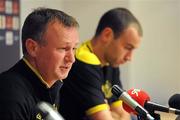 28 September 2011; Shamrock Rovers manager Michael O'Neill, left, and captain Dan Murray during a press conference ahead of their UEFA Europa League, Group A, game against Tottenham Hotspur on Thursday. Shamrock Rovers Press Conference, White Hart Lane, Tottenham, England. Picture credit: Pat Murphy / SPORTSFILE