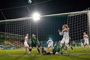 28 September 2011; Peamount United FC's Louise Quinn, right, comes close to scoring as her header just goes over the bar. UEFA Women's Champions League Round of 32, Peamount United FC v Paris St Germain, Tallaght Stadium, Tallaght, Dublin. Picture credit: David Maher / SPORTSFILE