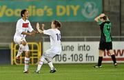 28 September 2011; Paris St Germain's Cindy Thomas, left, celebrates after scoring her side's second goal with team-mate Nora Coton Pelagie. UEFA Women's Champions League Round of 32, Peamount United FC v Paris St Germain, Tallaght Stadium, Tallaght, Dublin. Picture credit: David Maher / SPORTSFILE