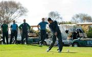 29 September 2011; Ireland's Jonathan Sexton drives off at the 1st tee box, watched by playing partners, Brian O'Driscoll, Ronan O'Gara, Denis Leamy and Donnacha Ryan, during a round of golf on squad activity day ahead of their 2011 Rugby World Cup, Pool C, game against Italy on Sunday. Ireland Rugby Squad Activity Day, St Clair Golf Club, St Clair, Dunedin, New Zealand. Picture credit: Brendan Moran / SPORTSFILE
