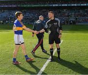 8 April 2017; Tipperary captain Brian Fox shakes hands with referee Anthony Nolan before the Allianz Football League Division 3 Final match between Louth and Tipperary at Croke Park in Dublin. Photo by Ray McManus/Sportsfile