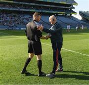 8 April 2017; Louth manager Colin Kelly shakes hands with referee Anthony Nolan before the Allianz Football League Division 3 Final match between Louth and Tipperary at Croke Park in Dublin. Photo by Ray McManus/Sportsfile