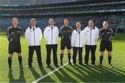 8 April 2017; Referee Anthony Nolan, centre, with linesmen Niall Ward, left, and James Molloy, right, and his umpires, from left, Peter Case, David Case, Donal O'Keeffe and Damien Byrne, before the Allianz Football League Division 3 Final match between Louth and Tipperary at Croke Park in Dublin. Photo by Ray McManus/Sportsfile